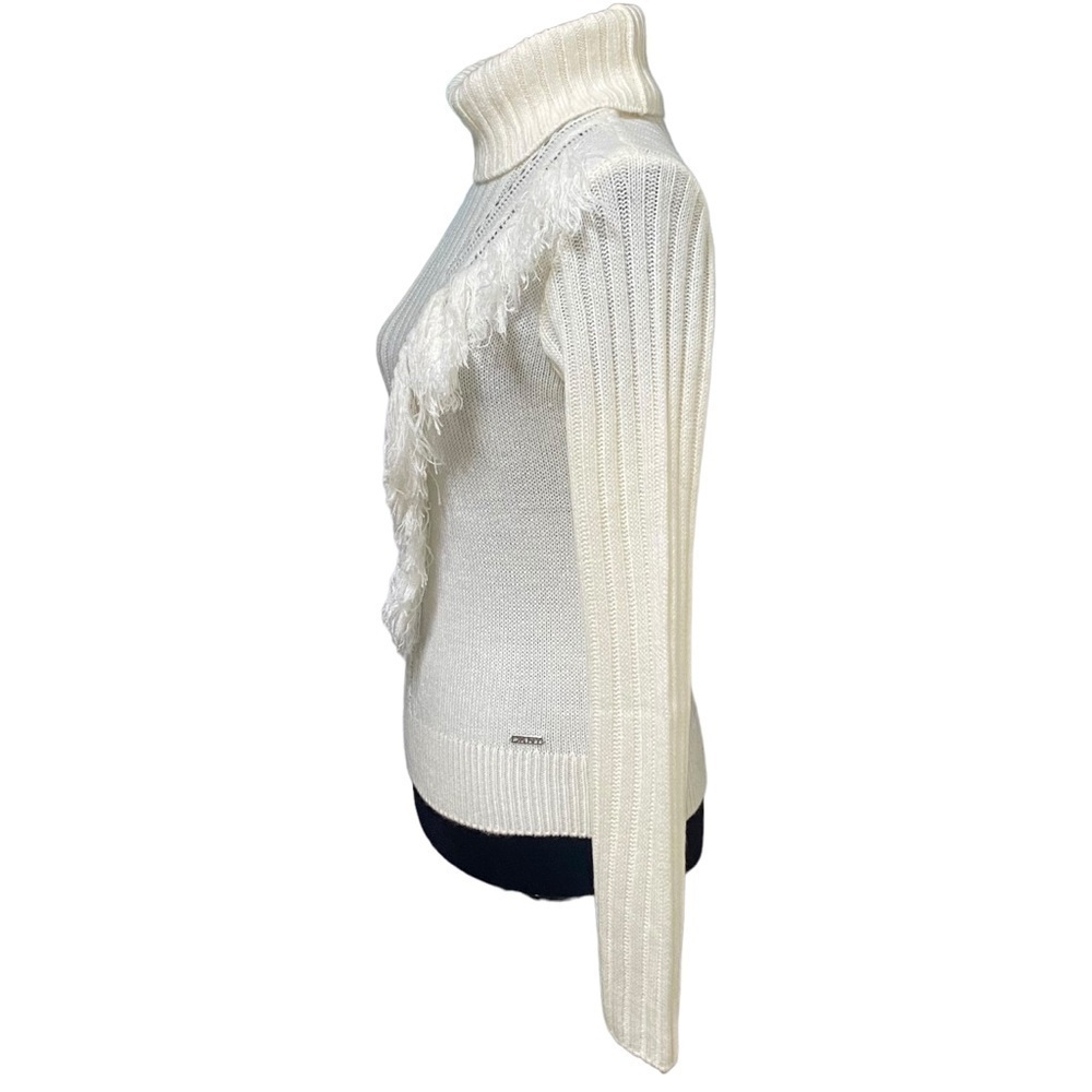 DKNY Ivory Fringe Ribbed Knit Turtleneck Sweater Boho Cozy Pullover Small - Picture 4 of 8